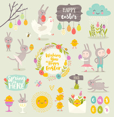 Set of cute Easter cartoon characters and design elements.