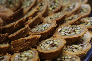 Turkish kadayif baklava sweet made with honey and pistachio nuts