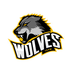 Fototapeta premium Wściekły wilk sport wektor koncepcja logo na białym tle. Web infografika piktogram zespołu drapieżnika. T-shirt z nadrukiem najwyższej jakości dzikich zwierząt.
