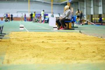 Sandpit for long jump on indoor track and filed competition