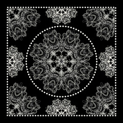 Black Bandana Print. Vector ornamental tile pattern with border and frame
