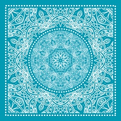 Blue Bandana Print. Vector ornamental tile pattern with border and frame