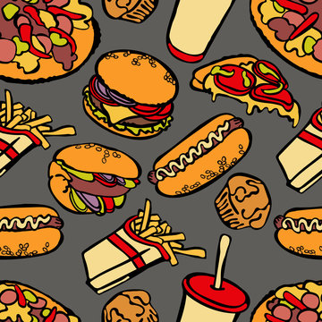 Seamless background with various fast food. Hand-drawn illustration. Fast food background.