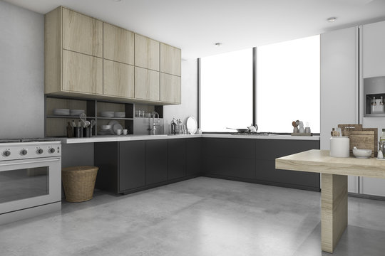 3d rendering loft concrete and black kitchen with wood shelf