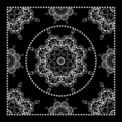 Black Bandana Print. Vector ornamental tile pattern with border and frame