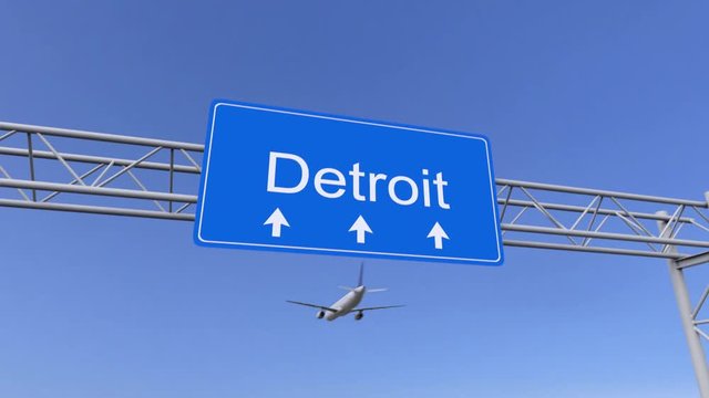 Commercial airplane arriving to Detroit airport. Travelling to United States conceptual 4K animation