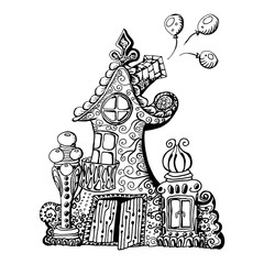 Original hand drawn doodle style fairy house. Can be used for kid coloring book design. Vector element