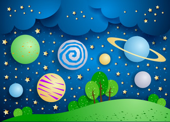 Surreal landscape with big planets in the sky