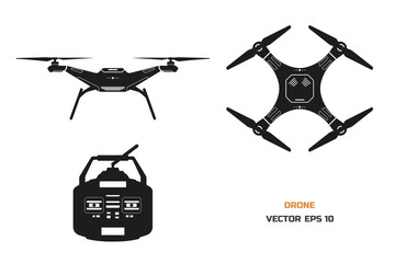 Black silhouette of drone on a white background. The control panel of quadrocopter . Front, top view - obrazy, fototapety, plakaty