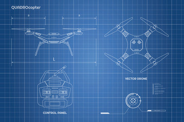 Drawing of drone.  Industrial blueprint The control panel of quadrocopter . Front, top view - obrazy, fototapety, plakaty