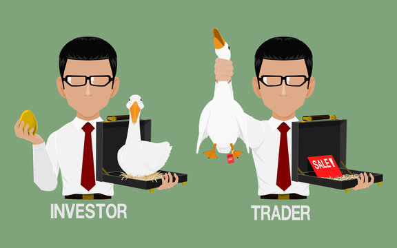 Investor hold an golden egg in his hand and Trader is selling  his goose
