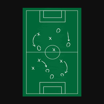 Football or soccer game strategy plan isolated on blackboard texture with chalk rubbed background