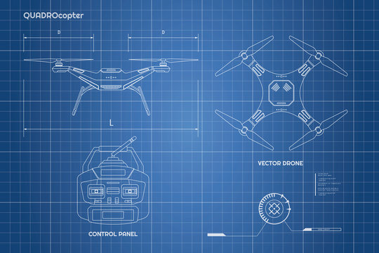 Vecteur Stock Drawing of drone. Industrial blueprint The control panel of  quadrocopter . Front, top view | Adobe Stock