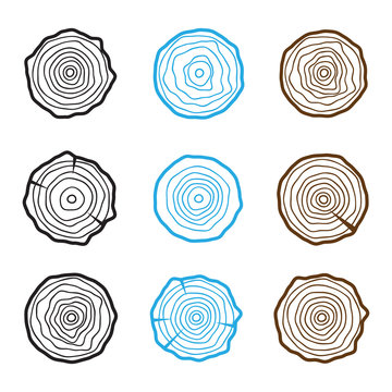 Set Of Four Tree Rings Icons. Concept Of Saw Cut Tree Trunk, Forestry And Sawmill