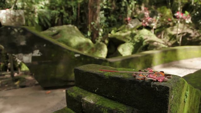 Traditional offerings to the gods. Common religious tradition in the Buddhist and hinduistic countries in Asia. Goa Gajah Temple (Elephant Cave). Bali, Indonesia.
