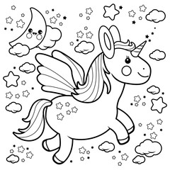 Cute unicorn flying in the night sky. Vector black and white coloring page. 