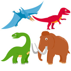 Collection of dinosaurs. Pterodactyl, brontosaurus, apatosaurus, mammoth and tyrannosaurus. Vector illustration set