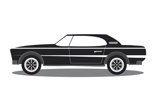 
The sports car in flat style vector an illustration with the image of the  american muscle sports car.Side view, isolated. For the websites, for games, children's goods and packings, toys emblems.
