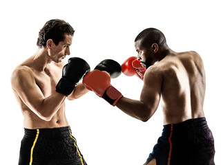 Fototapeta na wymiar two caucasian kickboxing kickboxer men isolated on white background