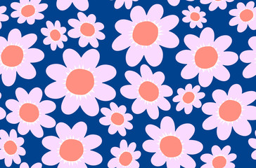 Seamless pattern illustration with pink flowers and blue background