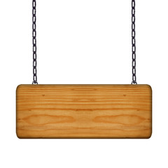 Wooden sign hanging on a chain isolated on white