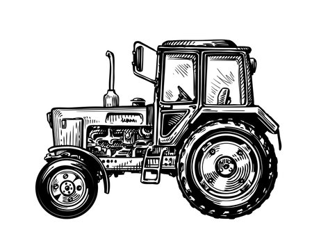 Hand-drawn farm truck tractor. Transport sketch vector illustration
