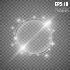 Abstract luxury chrome metal ring. Vector light circles and spark light effect. Sparkling glowing round frame on transparent. Sunny and cheerful background. Glow space for your message