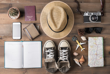 Overhead view of Traveler's accessories and items, Travel concept