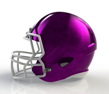 Pink brushed galvanized american football helmet side view on a white background with detailed clipping path, 3D rendering