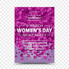Happy Women's Day Vector Flyer Design Template Night Party with 3D Sample Text and Falling Heart Shapes on Transparent Background. Celebration 8th March Poster