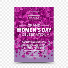 Happy Women's Day Vector Flyer Design Template Grand Celebration with 3D Sample Text and Falling Heart Shapes on Transparent Background. 8th March Party Poster