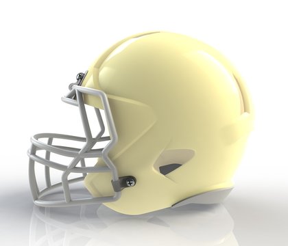 Shiny yellow wax american football helmet side view on a white background with detailed clipping path, 3D rendering
