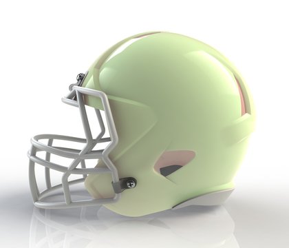 Shiny green wax american football helmet side view on a white background with detailed clipping path, 3D rendering