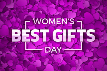 Happy Women's Day Best Gifts Vector Illustration. Typographic Design Text. Abstract Purple and Violet Color 3D Hearts Pattern Dense Structure with Subtle Texture