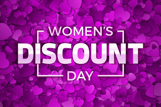Happy Women's Day Discount Vector Illustration. Typographic Design Text. Abstract Purple and Violet 3D Hearts Pattern Dense Structure with Subtle Texture