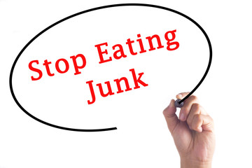 Hand writing Stop Eating Junk on transparent board