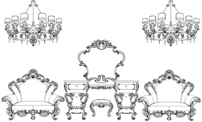 Exquisite Fabulous Imperial Baroque furniture and dressing table engraved. Vector French Luxury rich intricate ornamented structure. Victorian Royal Style decor