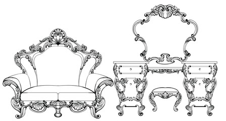 Exquisite Fabulous Imperial Baroque furniture and dressing table engraved. Vector French Luxury rich intricate ornamented structure. Victorian Royal Style decor