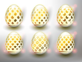 Set of 6 Easter Eggs. Design elements for holiday cards. Easter collection. Colorful, glossy and isolated with realistic light and shadow on the light panel. Vector illustration. Eps10.