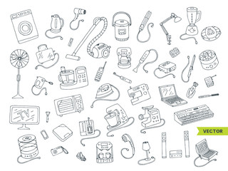 Household appliances doodle hand drawn big icons set. Collection of equipment. Cartoon doodling style drawing. Symbols of electronic objects.