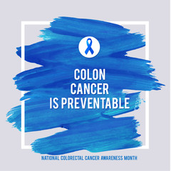 CLORECTAL Cancer Awareness Creative Grey and Blue Poster. Brush Stroke and Silk Ribbon Symbol. National Colon Cancer Awareness Month Banner. Brush Stroke and Text. Medical Square Design