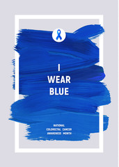 COLORECTAL Cancer Awareness Creative Grey and Blue Poster. Brush Stroke and Silk Ribbon Symbol. World Colon Cancer Awareness Month Banner. Blue stroke and text. Medical Design