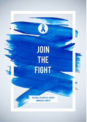 CLORECTAL Cancer Awareness Creative Grey and Blue Poster. Brush Stroke and Silk Ribbon Symbol. National Colon Cancer Awareness Month Banner. Brush Stroke and Text. Medical Vertical Design
