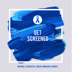 CLORECTAL Cancer Awareness Creative Grey and Blue Poster. Brush Stroke and Silk Ribbon Symbol. National Colon Cancer Awareness Month Banner. Brush Stroke and Text. Medical Square Design