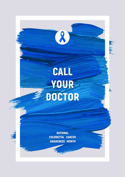 COLORECTAL Cancer Awareness Creative Grey and Blue Poster. Brush Stroke and Silk Ribbon Symbol. World Colon Cancer Awareness Month Banner. Blue stroke and text. Medical Design