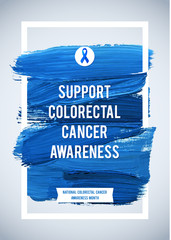 CLORECTAL Cancer Awareness Creative Grey and Blue Poster. Brush Stroke and Silk Ribbon Symbol. National Colon Cancer Awareness Month Banner. Brush Stroke and Text. Medical Vertical Design