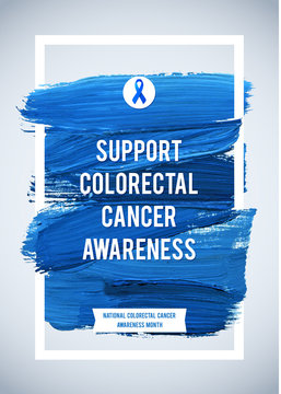 CLORECTAL Cancer Awareness Creative Grey and Blue Poster. Brush Stroke and Silk Ribbon Symbol. National Colon Cancer Awareness Month Banner. Brush Stroke and Text. Medical Vertical Design