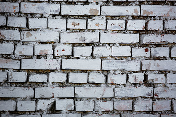 White brick background.Grungy Shabby Uneven Painted Plaster. Design Element.  Whitewashed Old Brick Wall Surface.