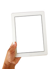 left hand of asian man holding tablet isolated on white background, clipping path