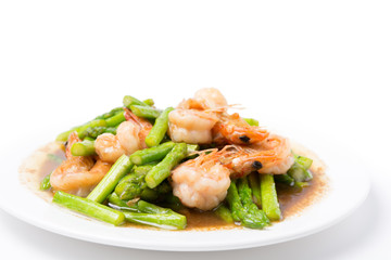 Stir fried Assparagus with Shrimp on white background